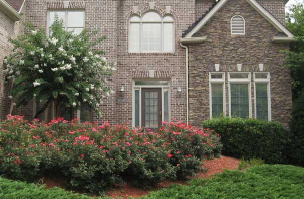 BEFORE installation of arched roof portico with brick home and long windows/doors