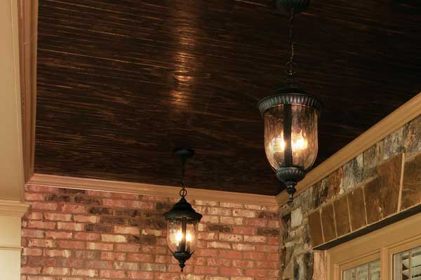 Stained beadboard ceiling of front porch