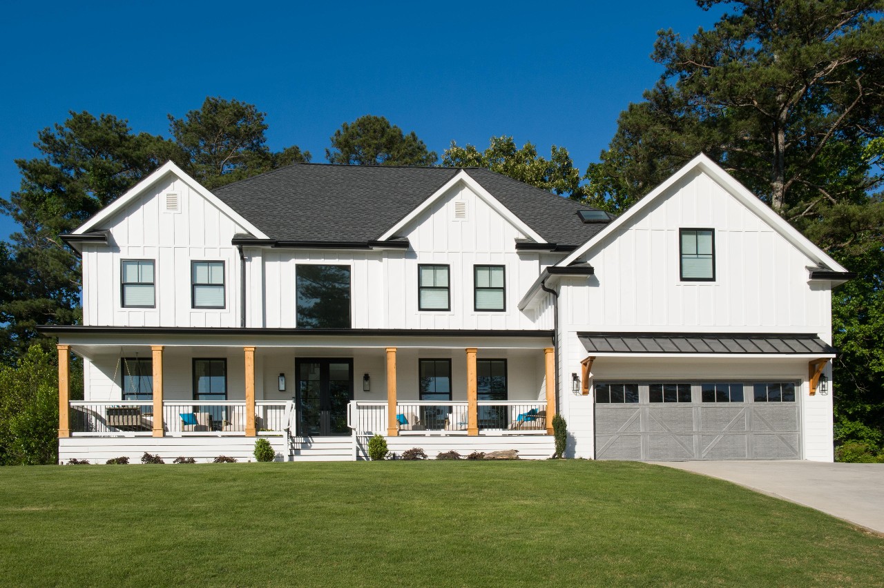 white modern farmhouse front porch with wood columns