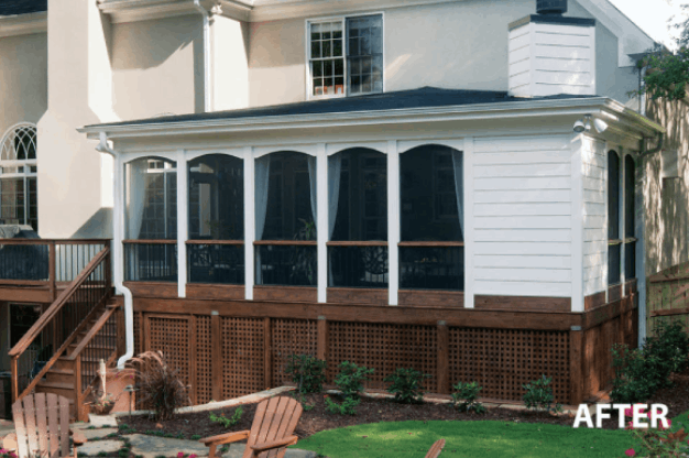 AFTER installation of screened porch on white house front view