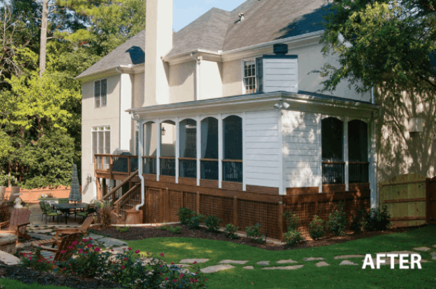 AFTER installation of screened porch on white house side view