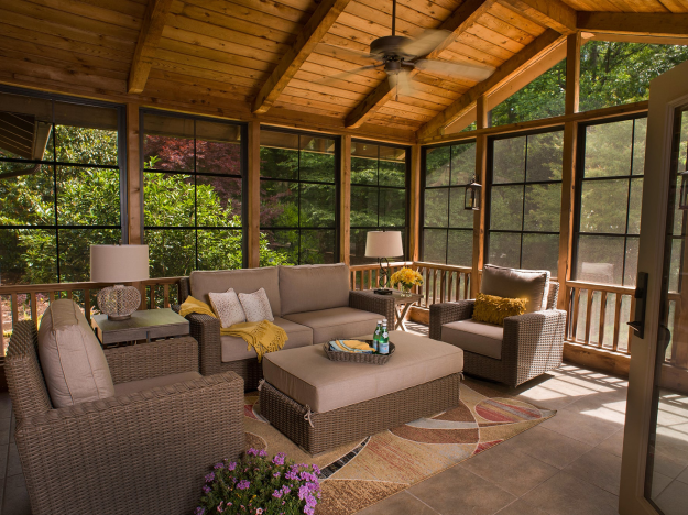 exterior back Screened Porch Conversion to Eze-Breeze® Porch with furniture