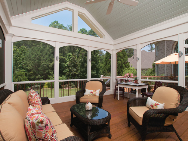 exterior back Screened Porch Conversion to Eze-Breeze® Porch next to deck looking at backyard