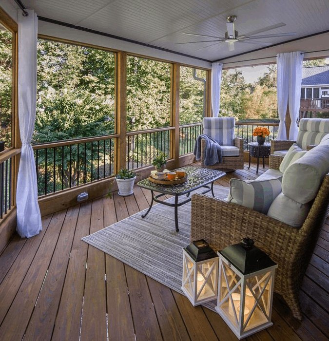 left vertical view screened porch with furniture and lamps