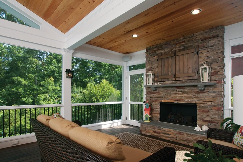 Cox screened porch fireplace corner