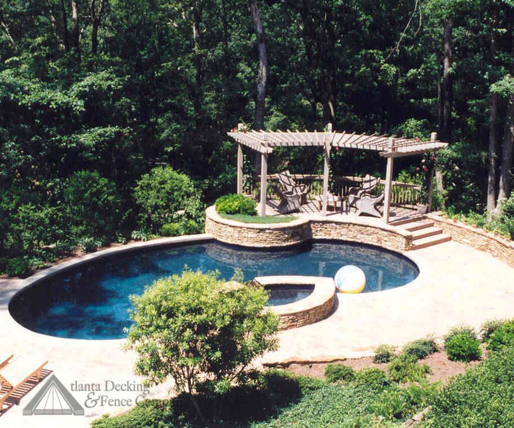 pergola and arbor next to swimming pool