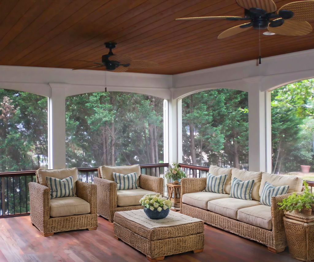 screened porch with light green and beige furniture and white paneling side view