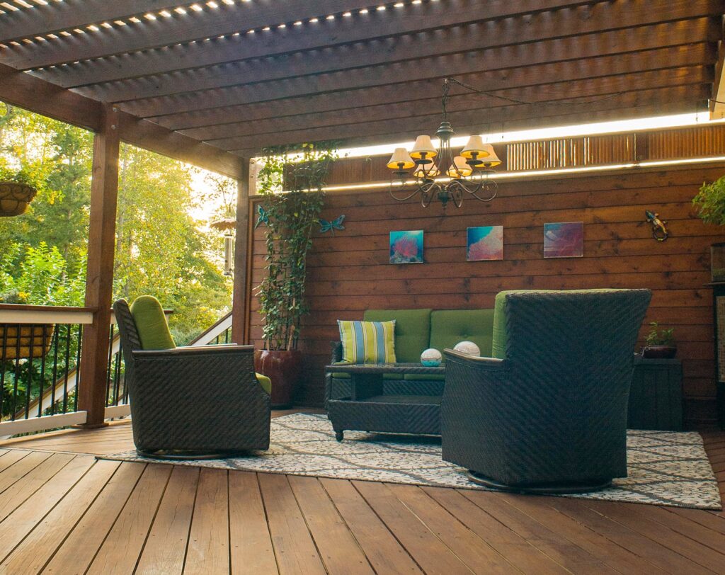 wooden privacy wall with pergola angle view