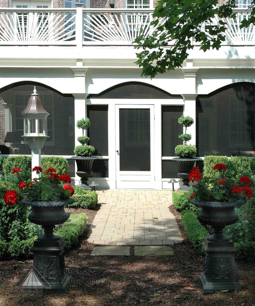 close up screened porch under deck all white angle view