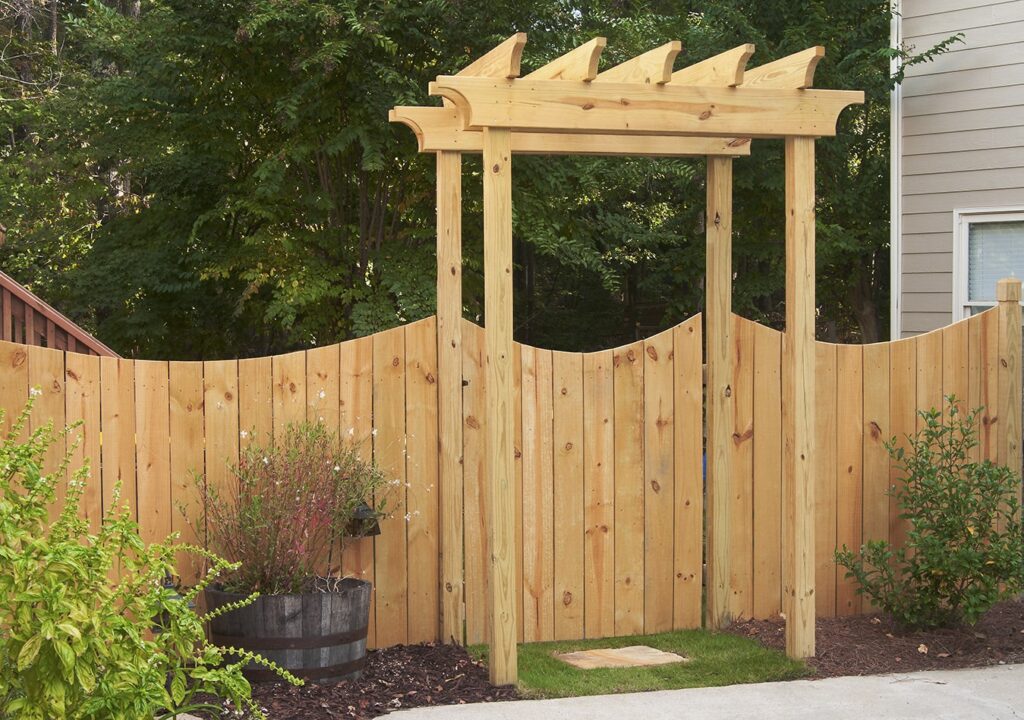 wooden gate with arbor left view