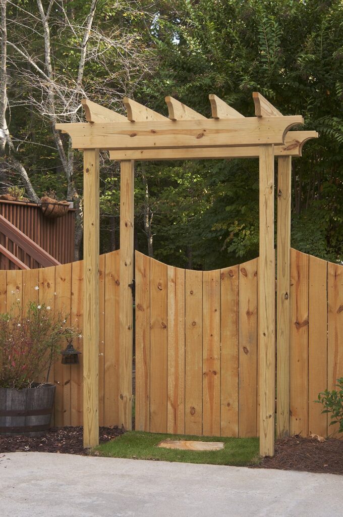 wooden gate with arbor front facing view