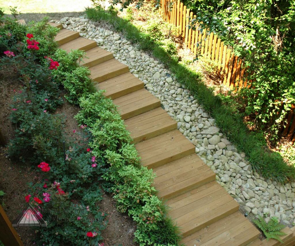 wide wooden exterior steps next top with stone