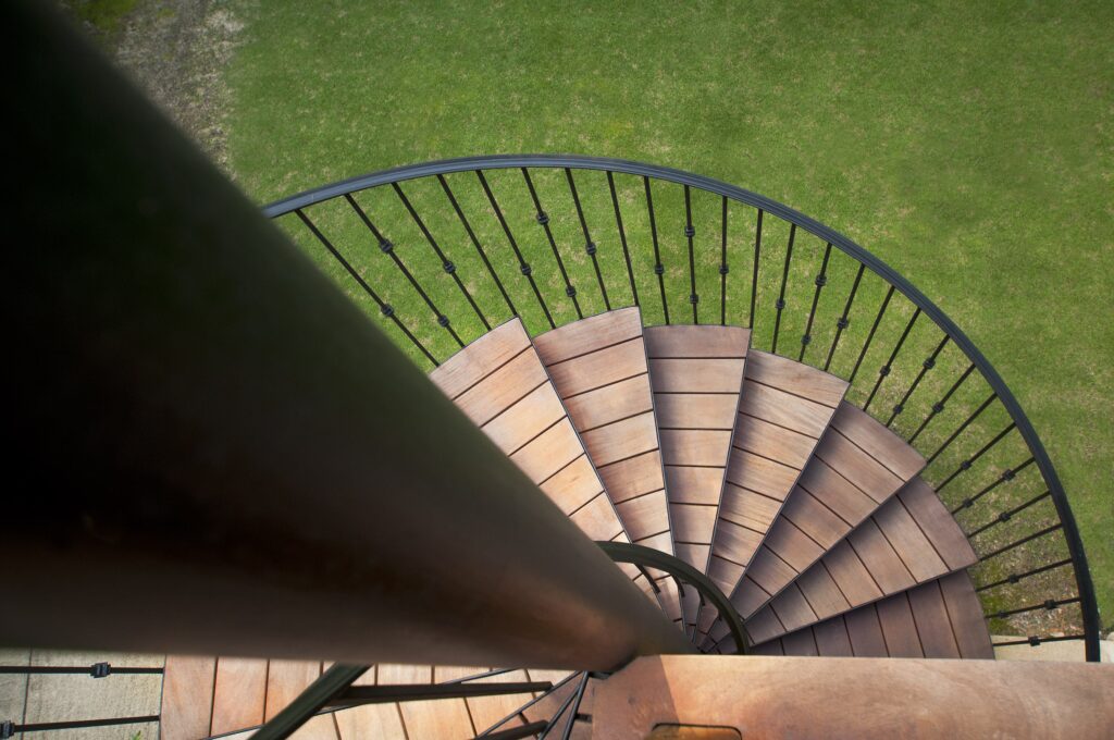 exterior spiral stairs with custom baulsters looking down