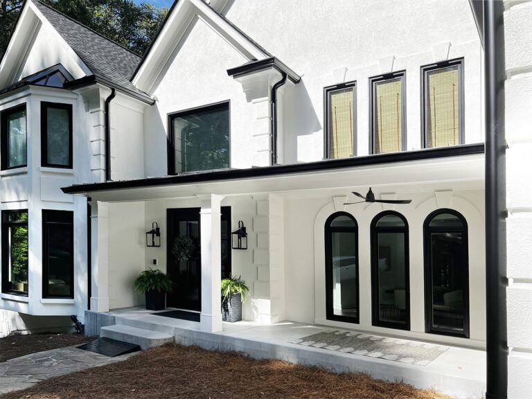 Roswell Half Porch Left View (extended portico, black metal roof with PVC columns, shed style roof, bead board ceiling)