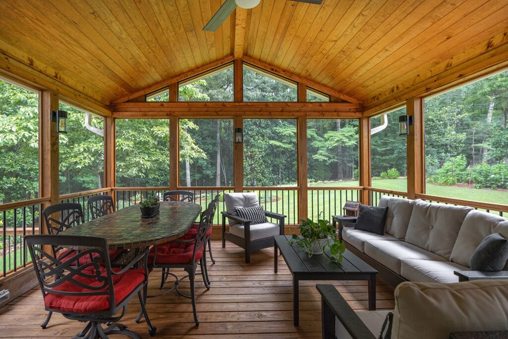 Milton Screened Porch Center View by Atlanta Decking with with pressure-treated lumber and aluminum banisters