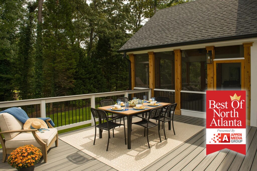Milton, GA composite deck and screened porch with Best of North Fulton logo