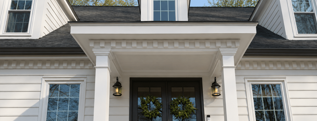 White flat-roof portico with square columns on a Cape Cod home in East Cobb, Georgia