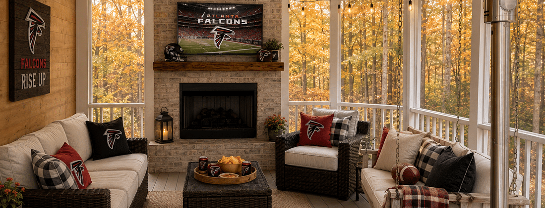 Screened porch with Atlanta Falcons decor, comfortable seating, a fireplace, and a television.